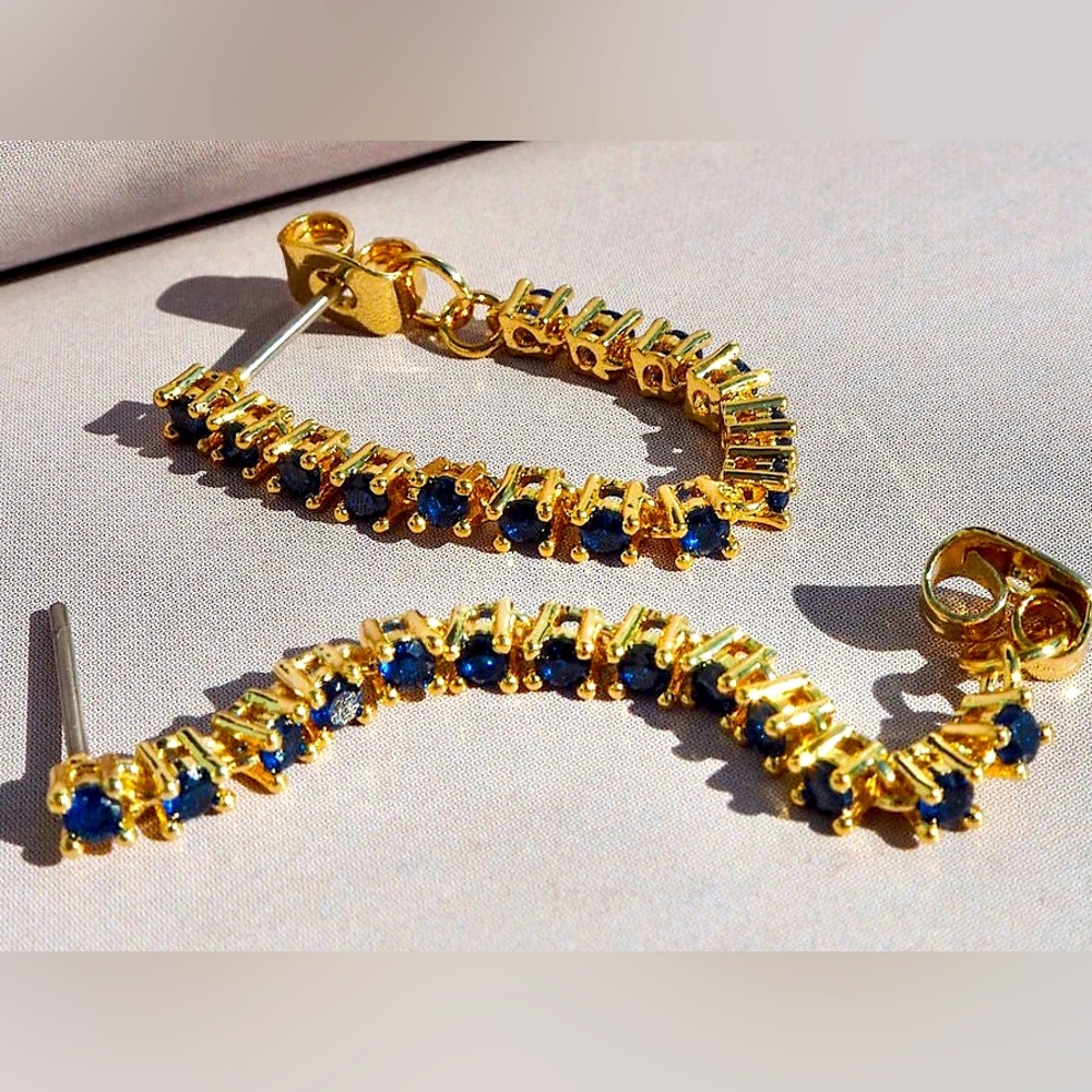 LUVAJ, BALLIER CHAIN STUD EARRINGS - BLUE SAPPHIRE, GOLD | NEVER WORN/BRAND NEW!
